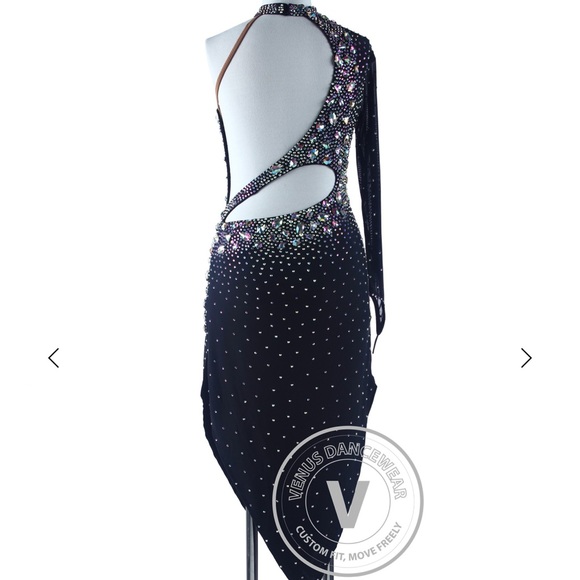 Navy Blue Latin/Rhythm Dance Dress with Rhinestone Detailing - Picture 6 of 8